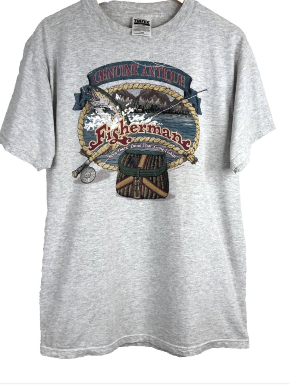 VTG 90s Antique Fisherman Graphic Tee L Tultex Trout Outdoor Grandpa Fathers Day